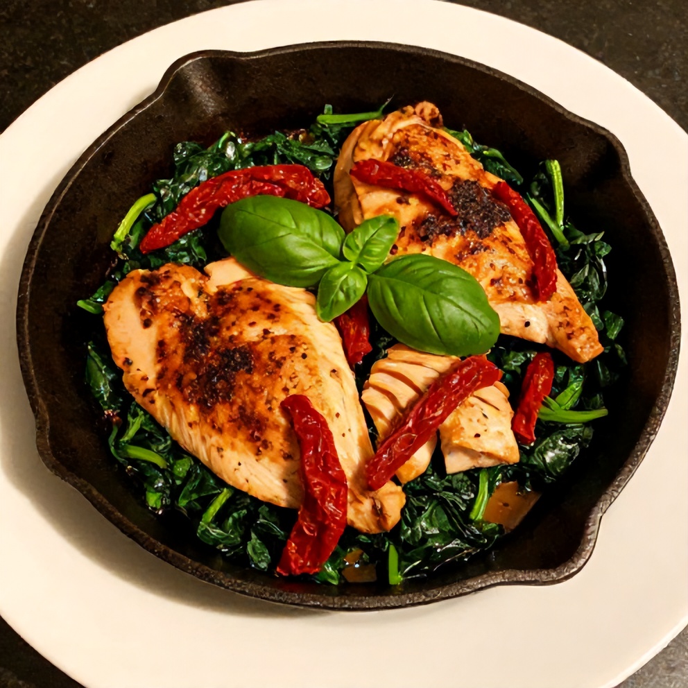 Plated Sun-Dried Tomato Chicken Skillet with Spinach