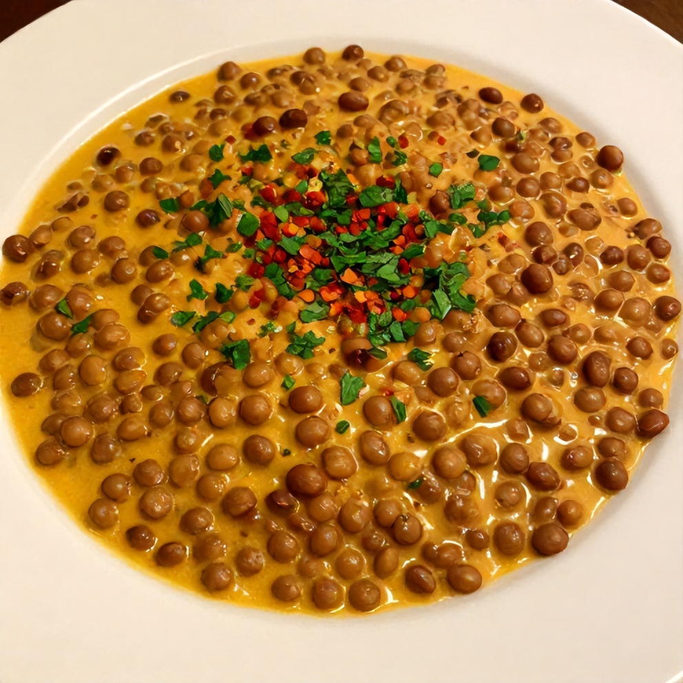 Plated creamy sundried tomato lentils with parsley garnish