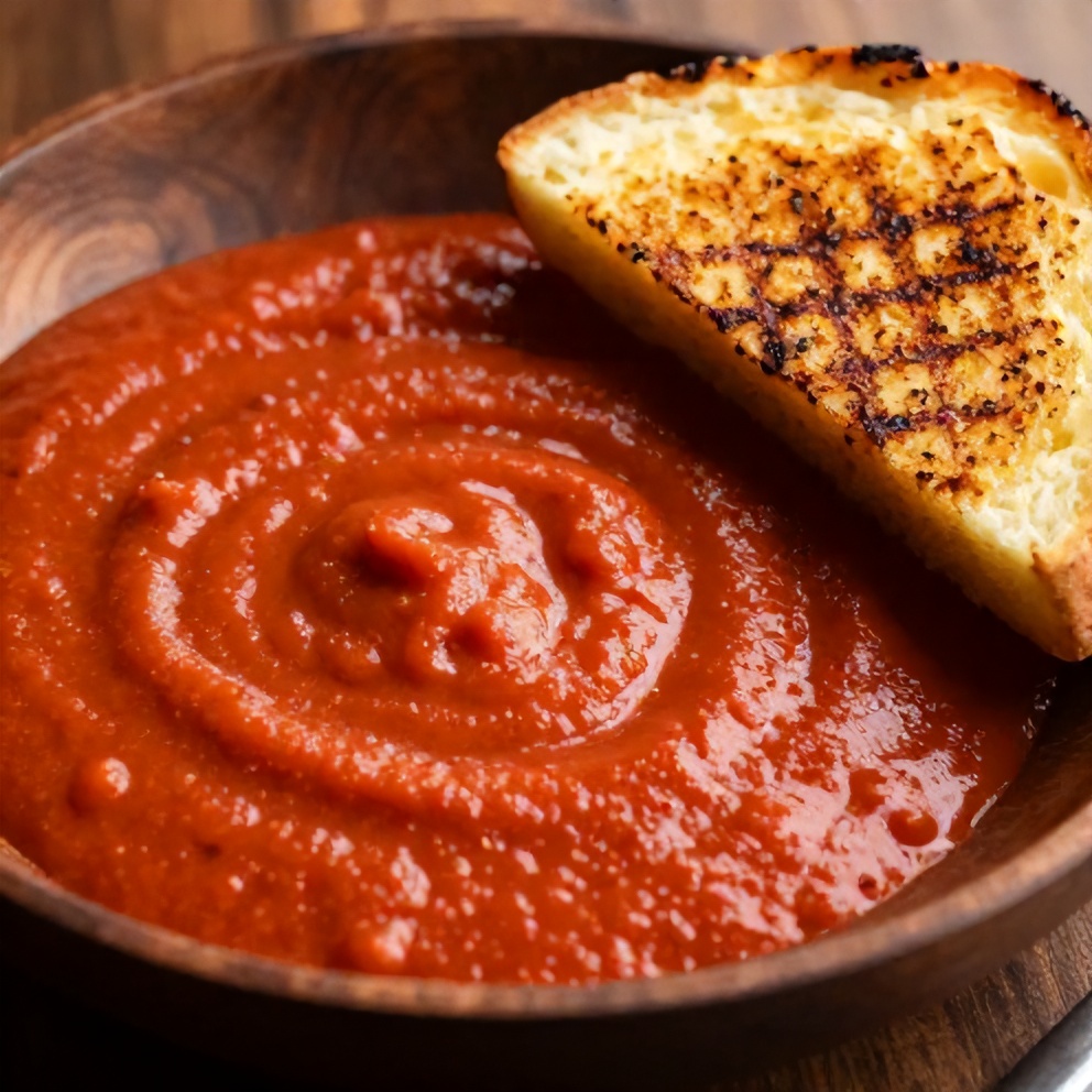 Bowl of creamy tomato soup with a side of grilled cheese