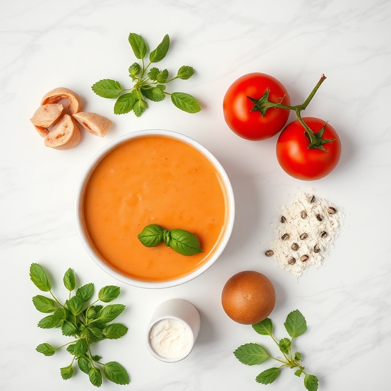 Raw ingredients for creamy tomato soup on a marble surface