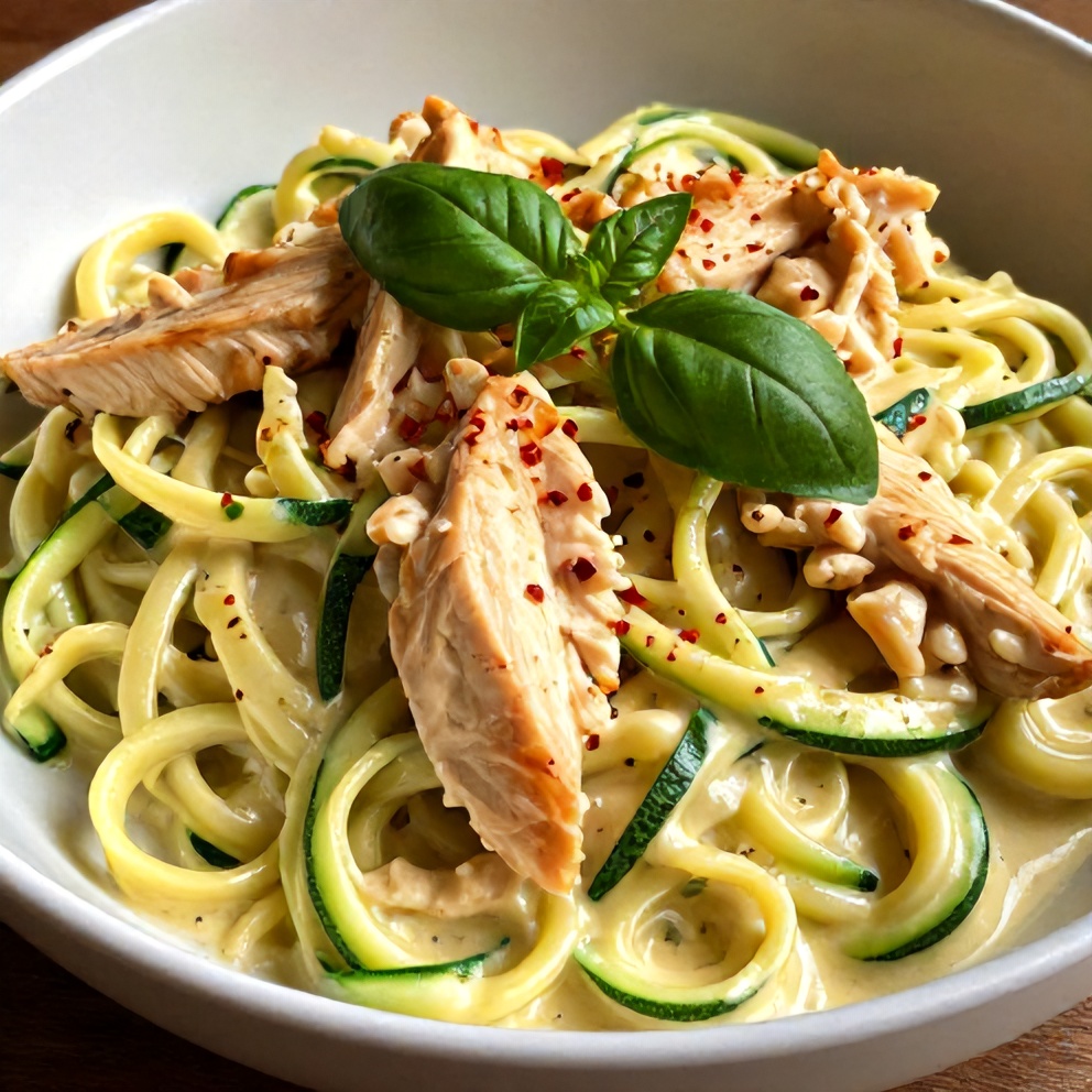 Plated Creamy Zucchini Noodle Chicken Alfredo
