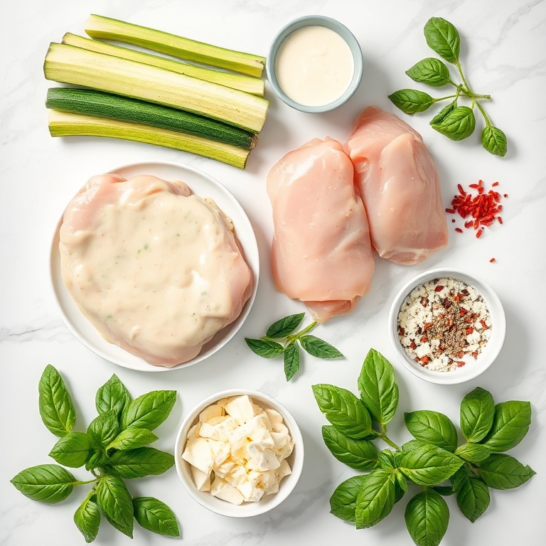 Raw Ingredients for Creamy Zucchini Noodle Chicken Alfredo