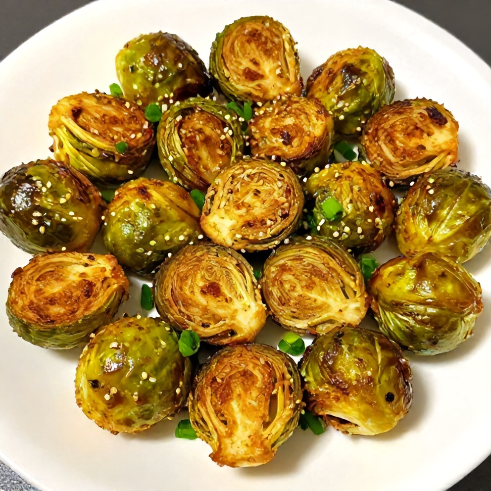 Plated crispy air fryer brussels sprouts