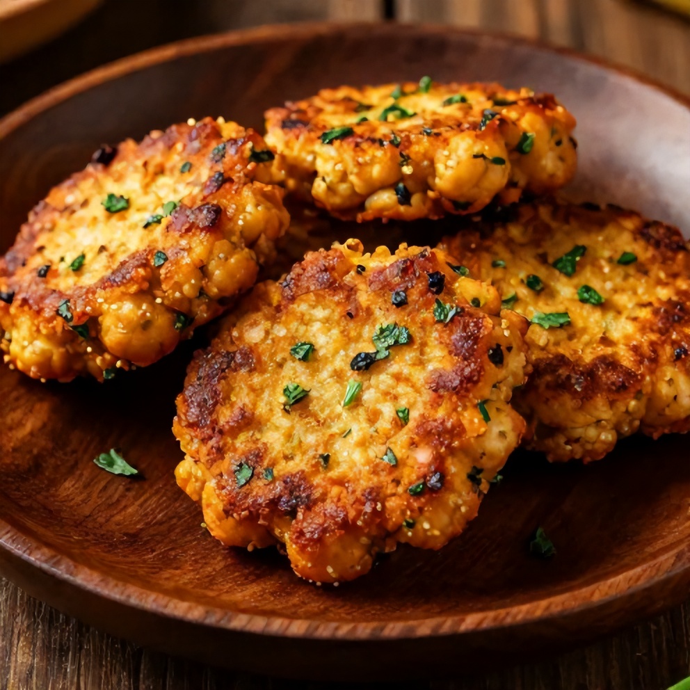 Crispy baked chickpea patty with fresh herbs on a plate