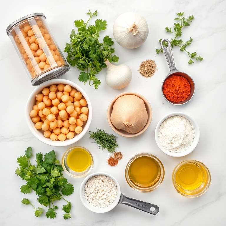 Raw ingredients for crispy baked chickpea patties on a marble surface