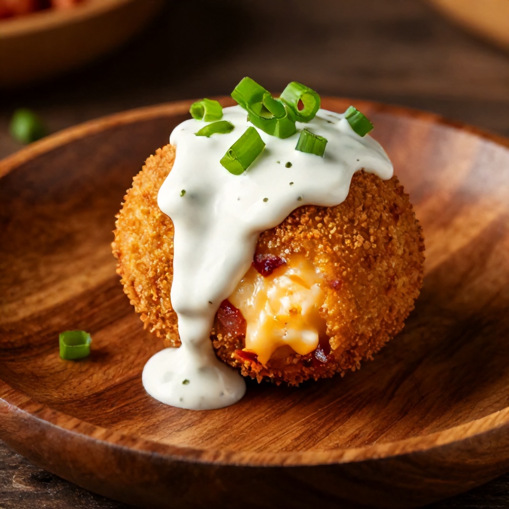 A single plated Buffalo Chicken Bacon Mozzarella Bomb on a rustic plate