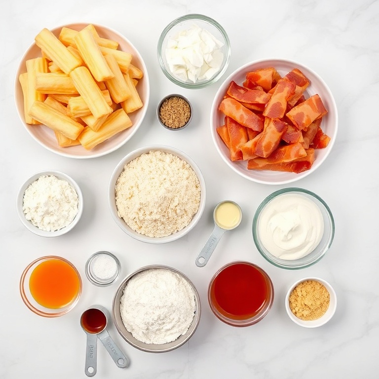 Raw ingredients for Buffalo Chicken Bacon Mozzarella Bombs on a marble surface