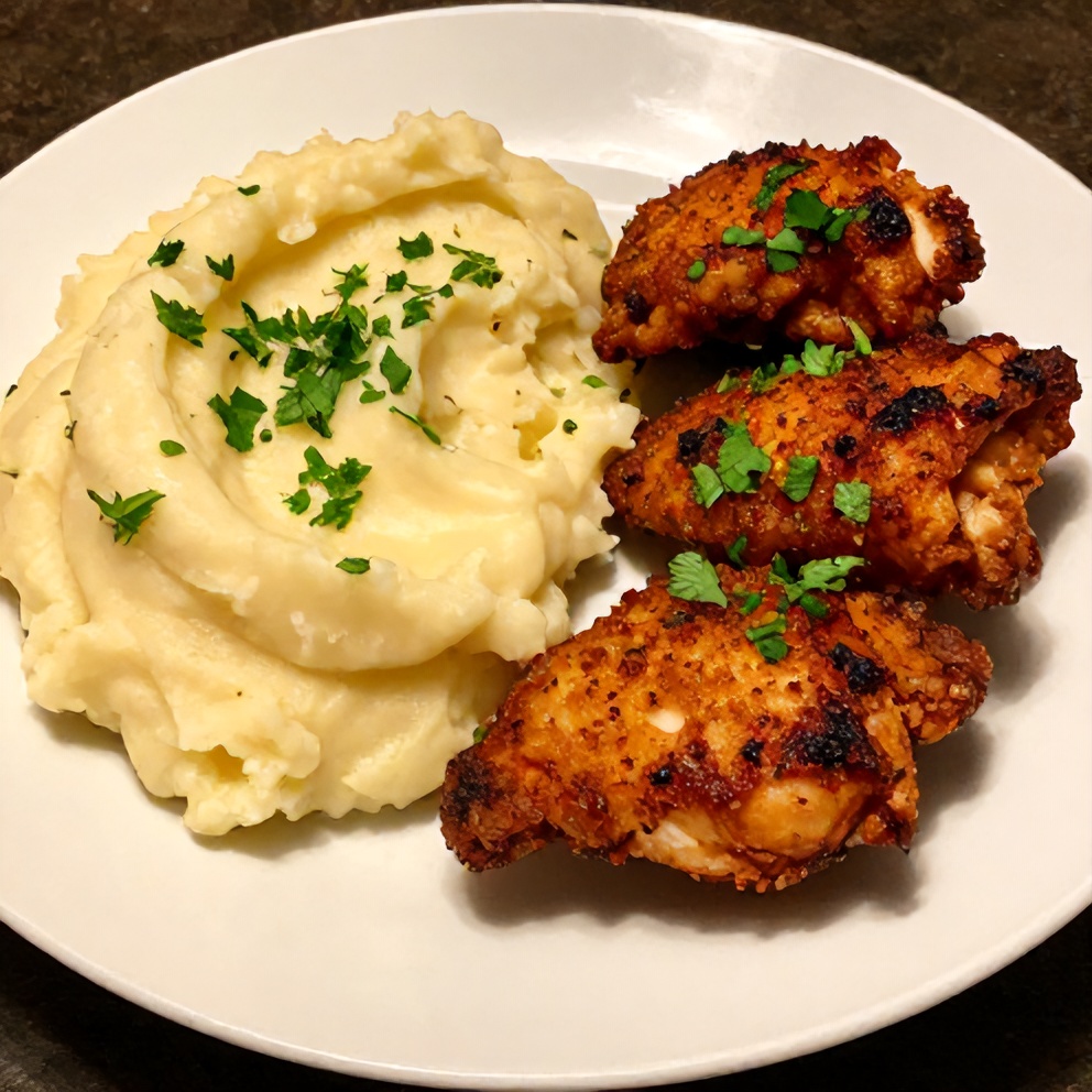 Crispy Chipotle Honey Chicken Thighs with Gouda Mashed Potatoes plated