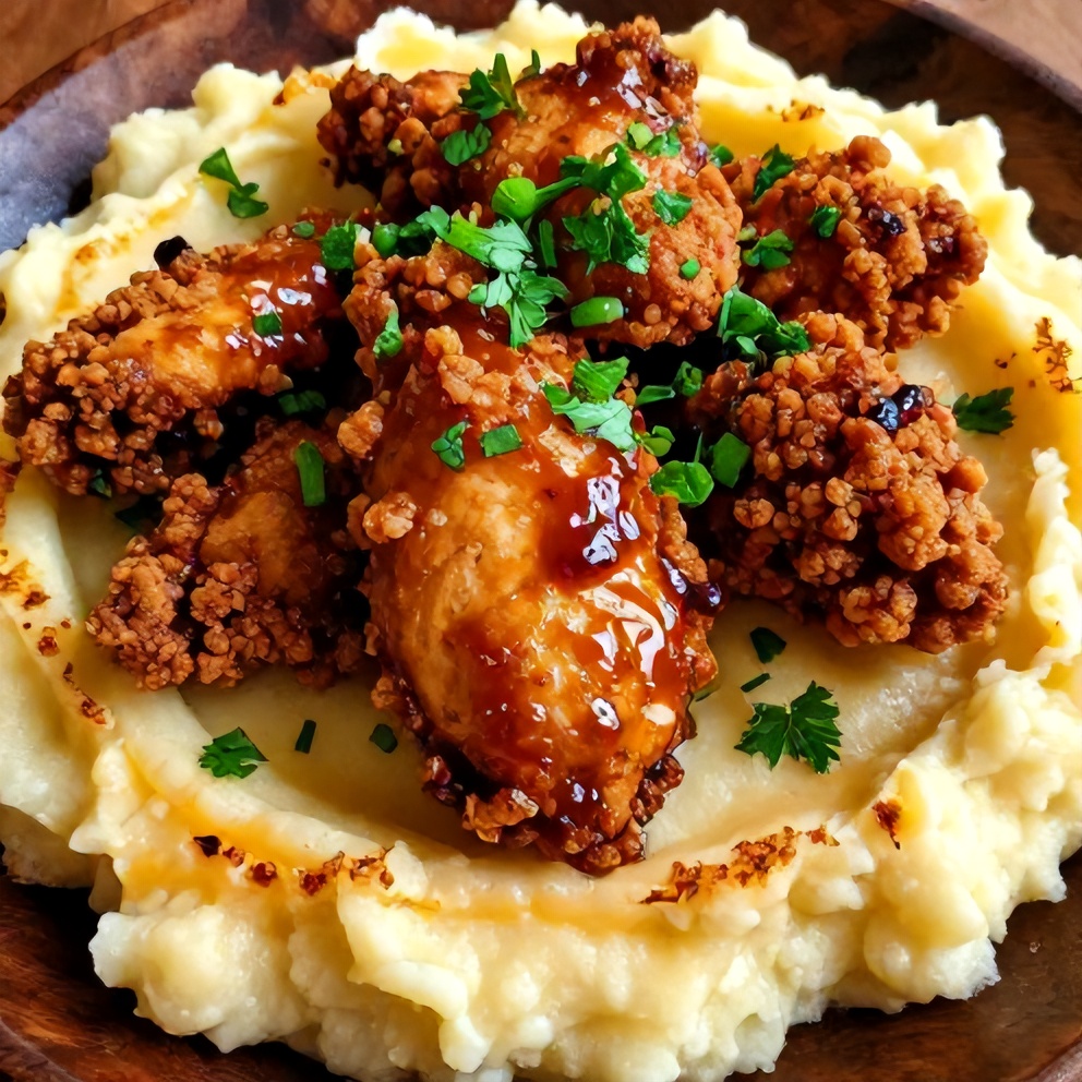 Plated Crispy Chipotle Honey Chicken with Smoked Gouda Mashed Potatoes