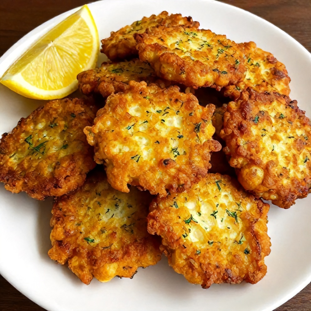 Plated dill pickle fritters with a lemon wedge
