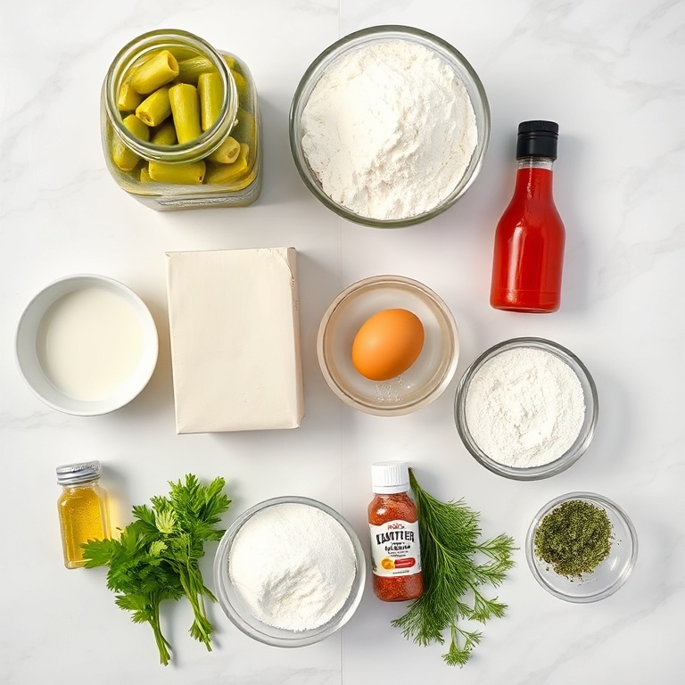 Raw ingredients for dill pickle fritters on a marble surface