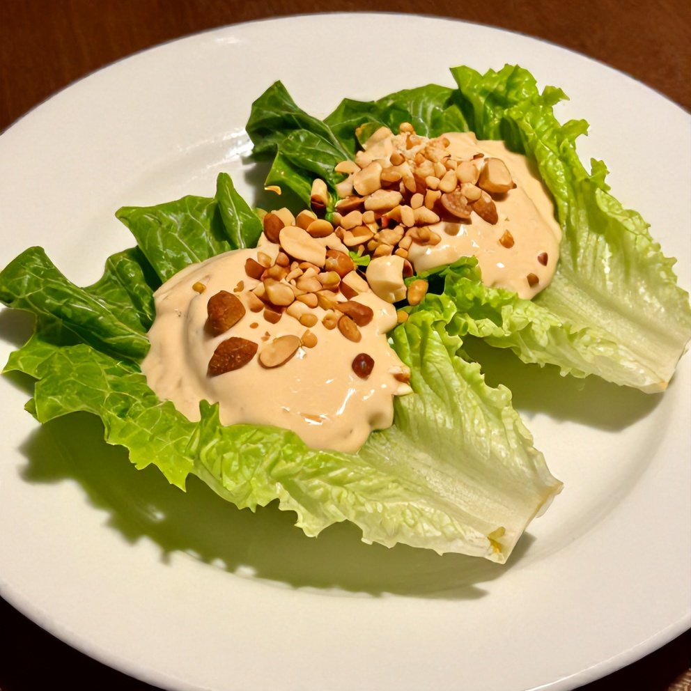 Plated crispy fresh lettuce wraps with almond dip