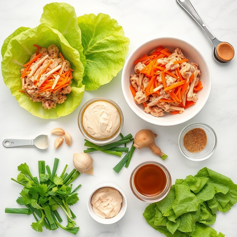 Raw ingredients for fresh lettuce wraps with almond dip