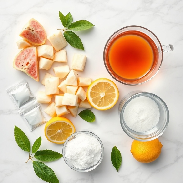 Guava, white tea, lemon, sugar, and water on a wooden surface