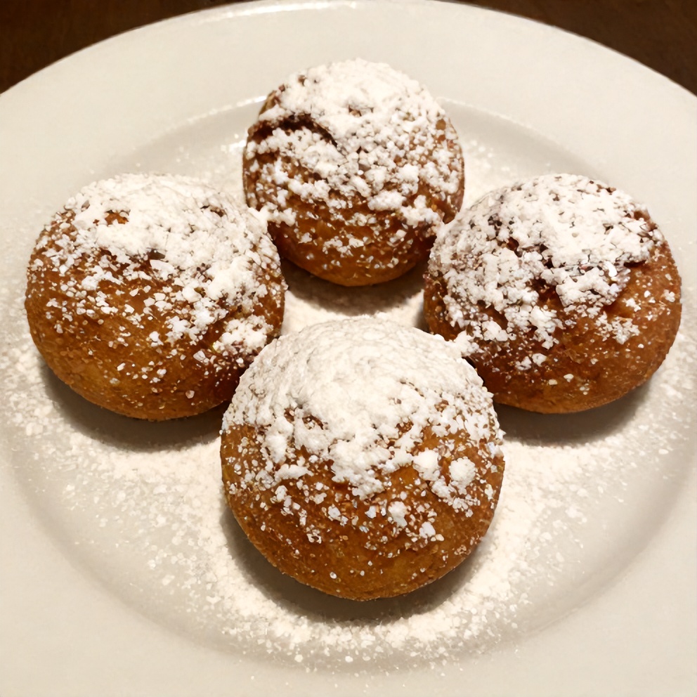 Plated Italian Cream Bombs dusted with powdered sugar on a white plate