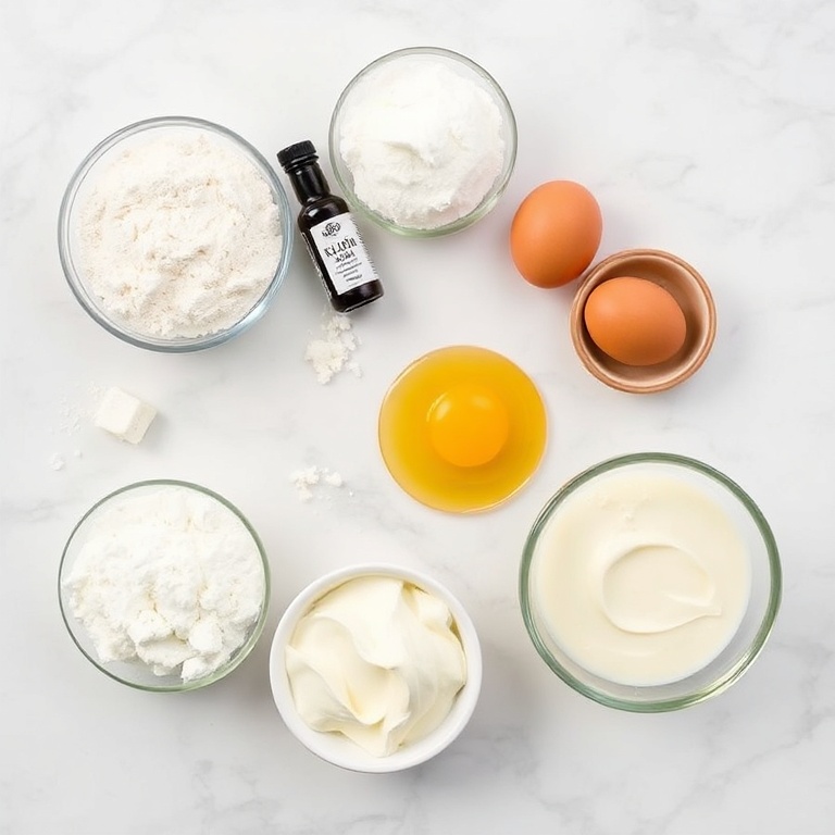 Raw ingredients for Italian Cream Bombs including flour, sugar, eggs, and vanilla custard on a white marble surface
