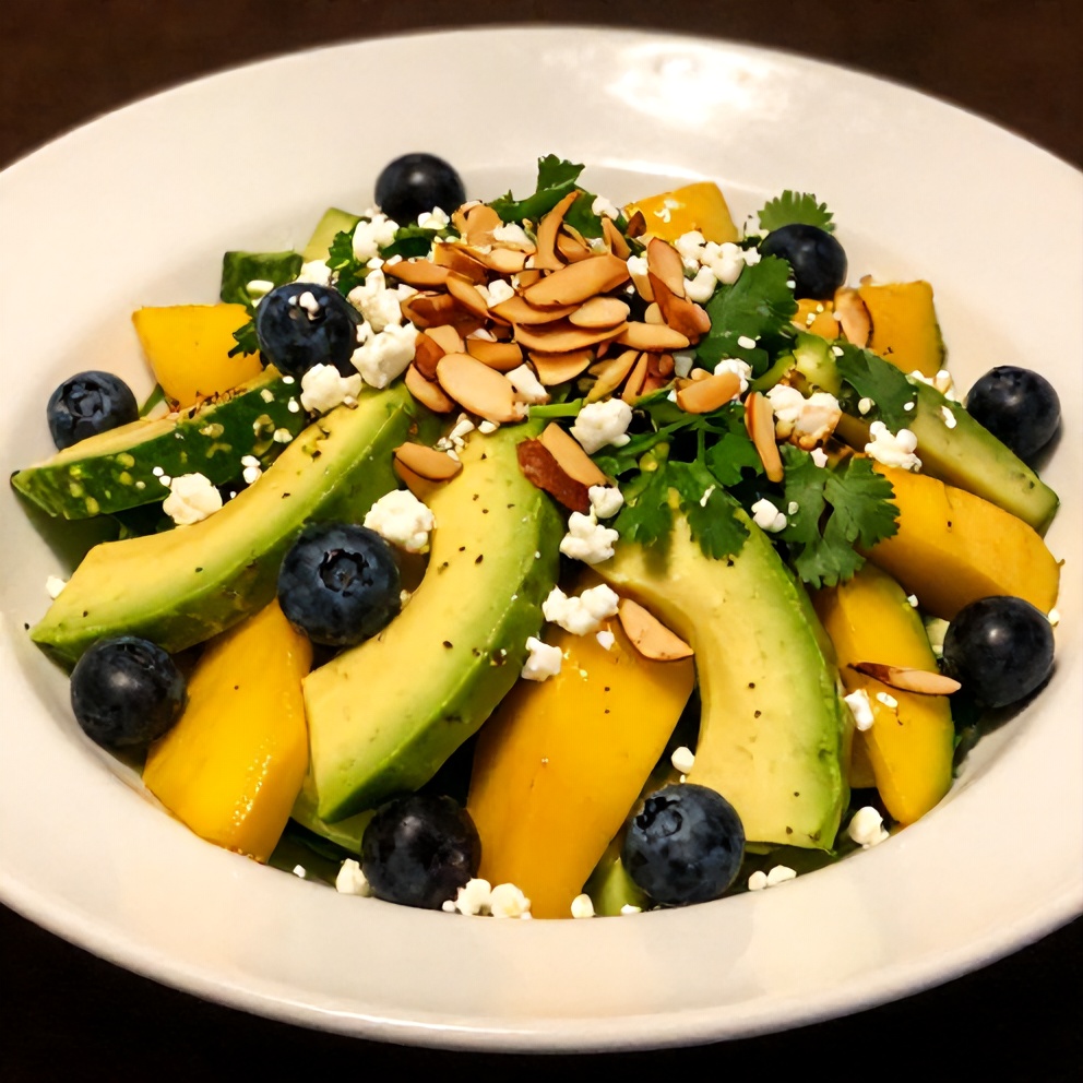 Plated Mango Cucumber Salad with Blueberries and Avocado