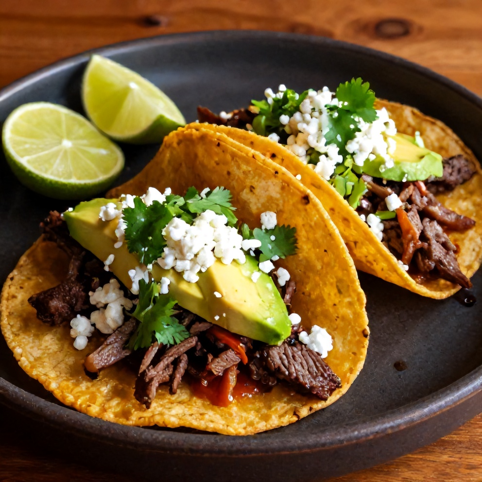 Plated Pot Birria Tacos with avocado and lime