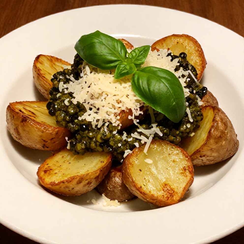Plated crispy smashed potatoes with olive tapenade