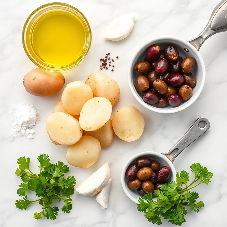 Raw ingredients for crispy smashed potatoes with olive tapenade
