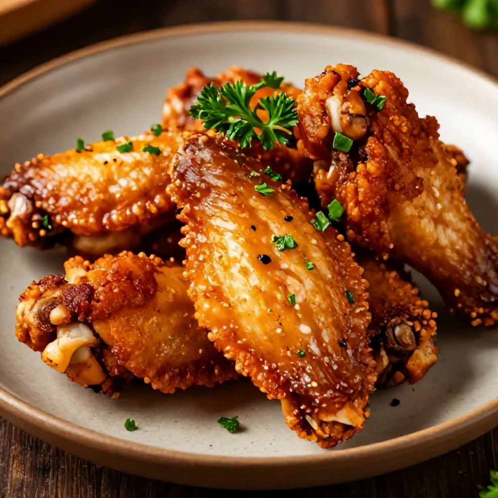 Plated Crispy Spicy Oven Baked Chicken Wings on a rustic plate