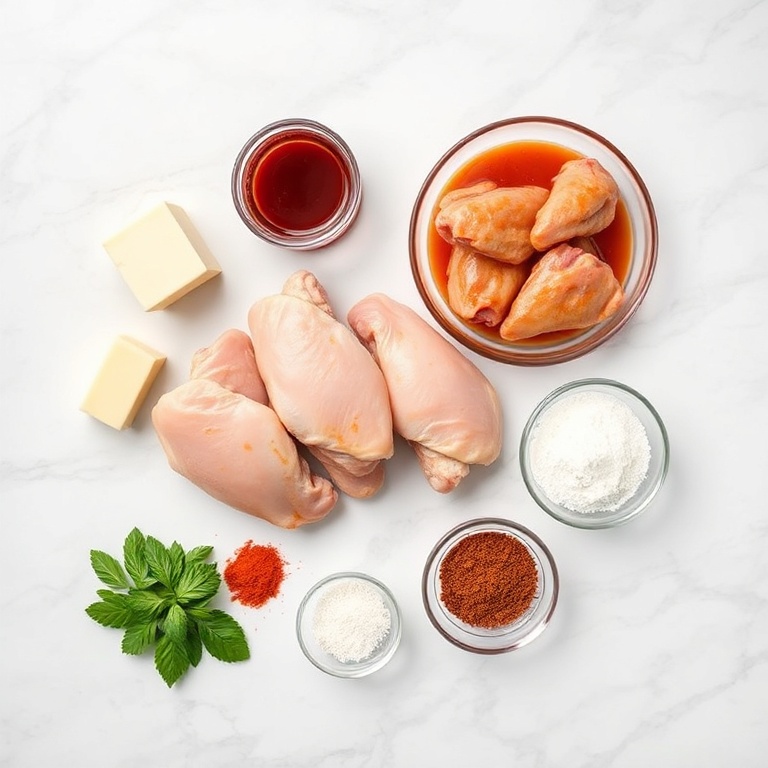 Raw ingredients for Crispy Spicy Oven Baked Chicken Wings on a white marble surface
