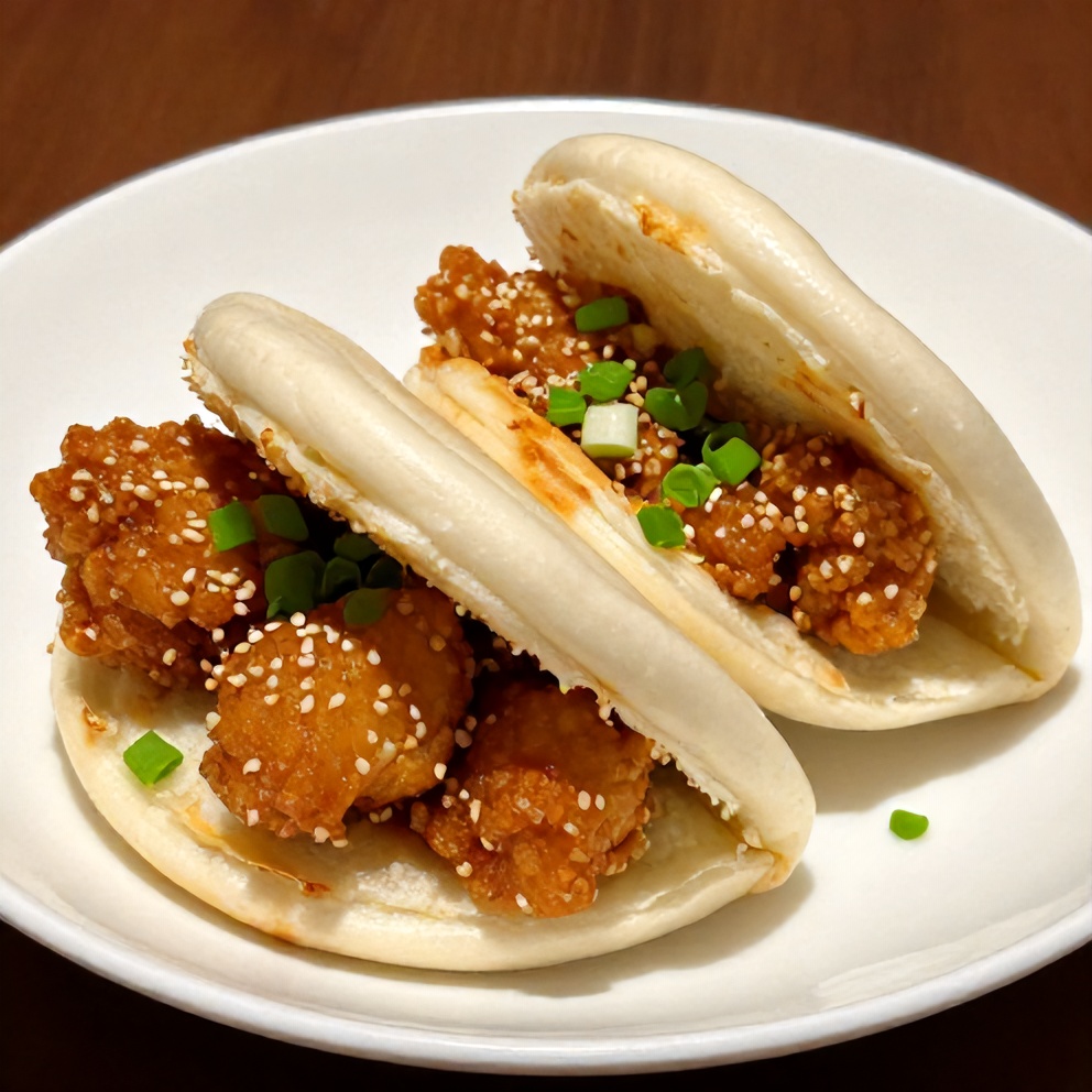 Plated Crispy Sticky Chicken Bao Buns on a white plate