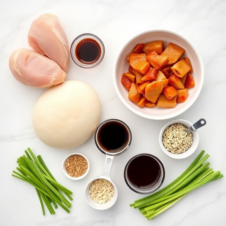 Raw ingredients for Crispy Sticky Chicken Bao Buns on a marble surface