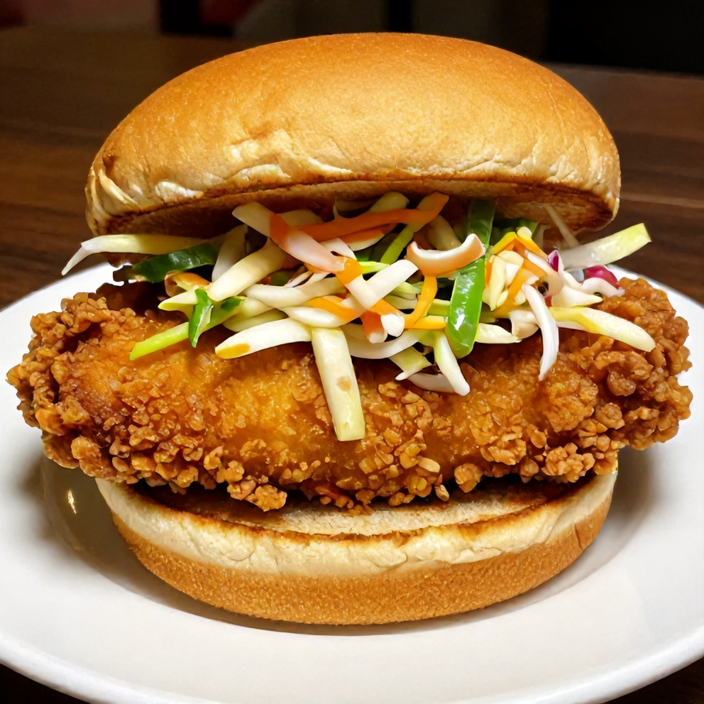Plated Thai Fried Chicken Sandwich with slaw