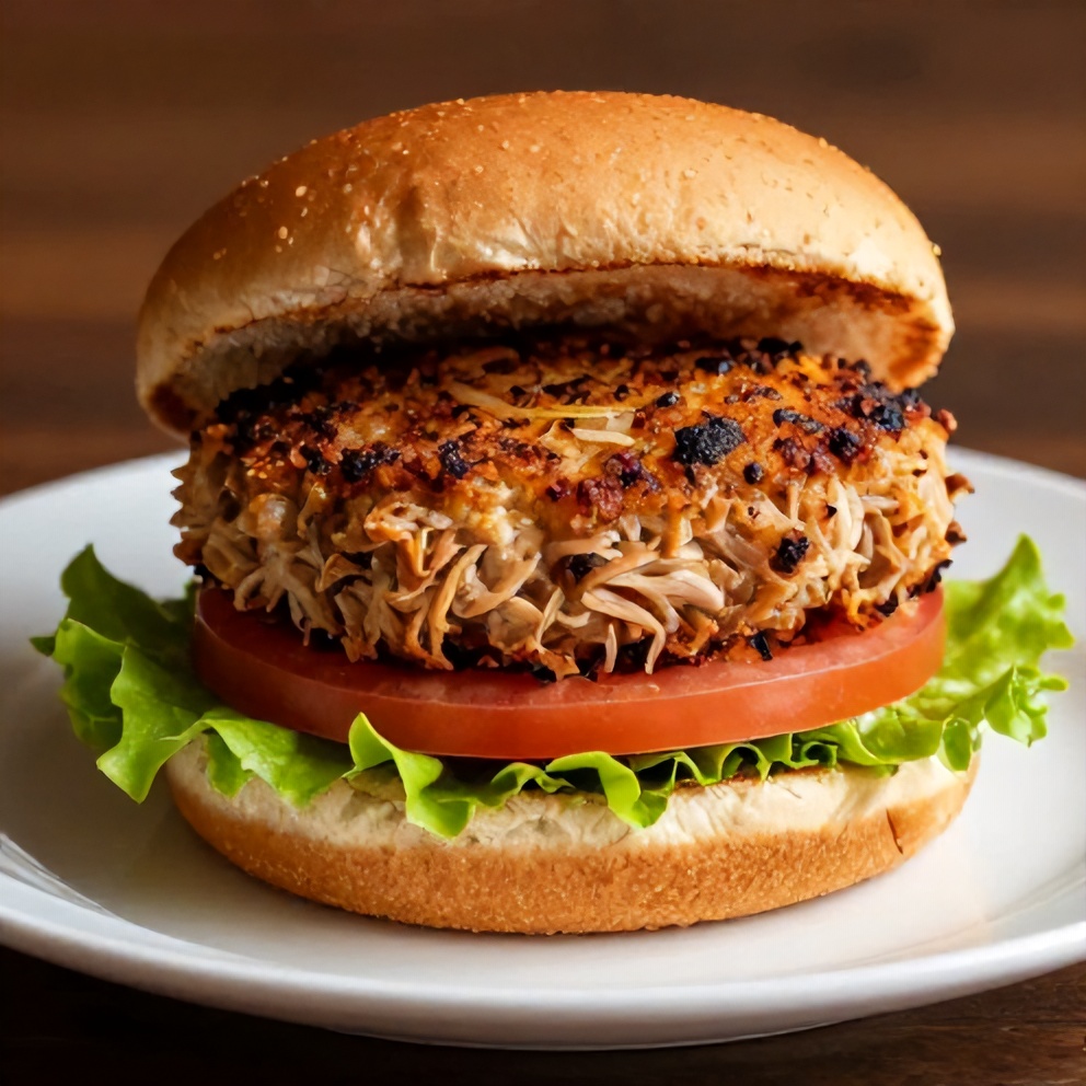 Close-up of a crispy tuna patty on a bun with lettuce and tomato