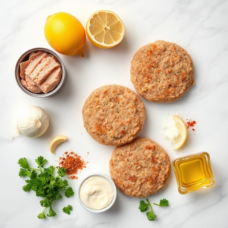 Raw ingredients for crispy tuna patties on a marble surface