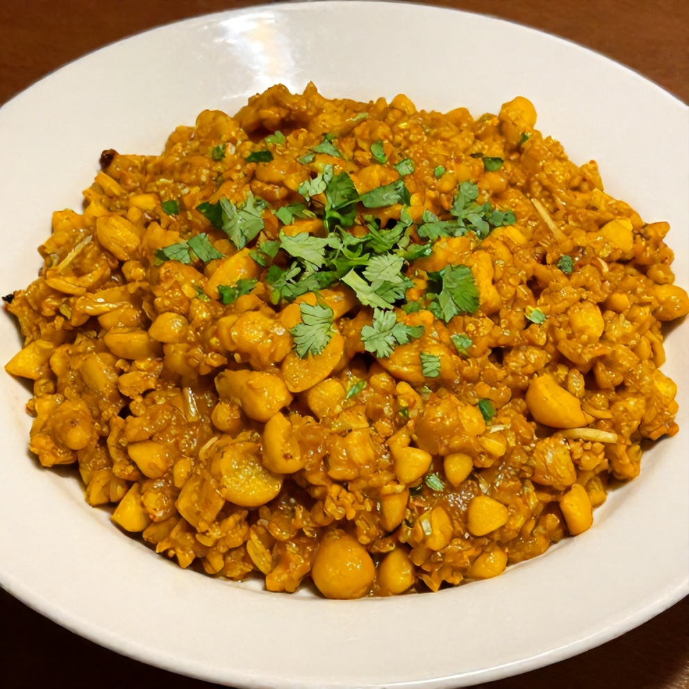 Plated Aloo Keema with a sprinkle of fresh cilantro
