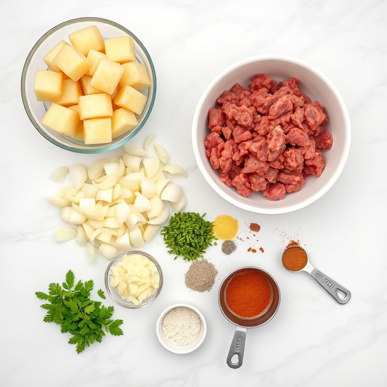 Raw ingredients for Aloo Keema: ground meat, potatoes, onions, garlic, ginger, spices