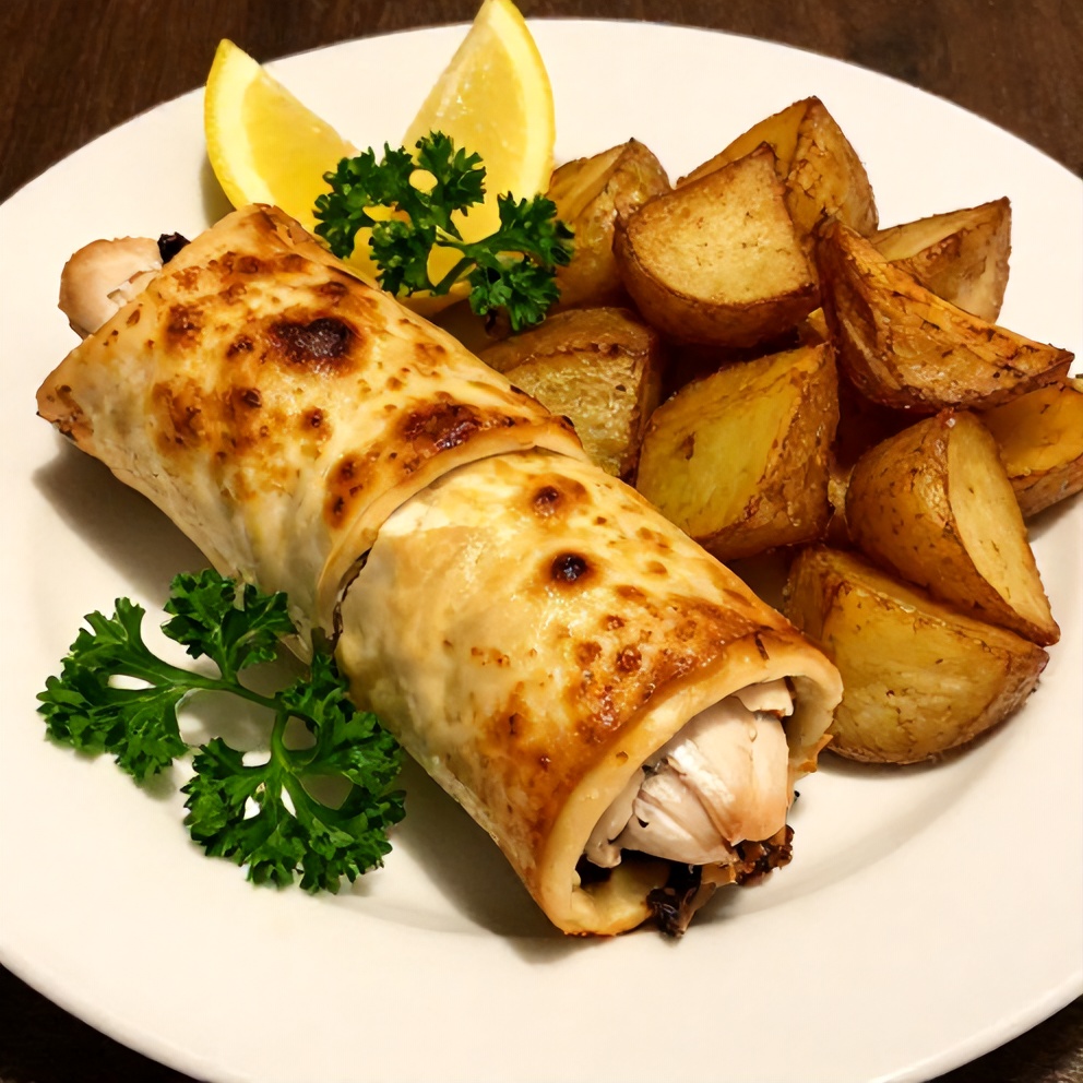 Plated baked chicken roll ups with side of crispy potatoes