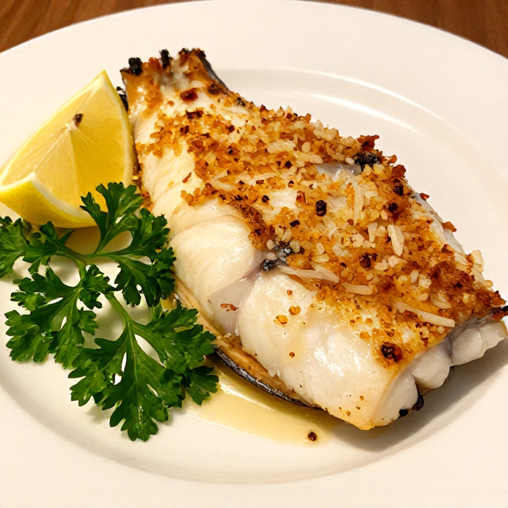 Plated cheesy baked halibut