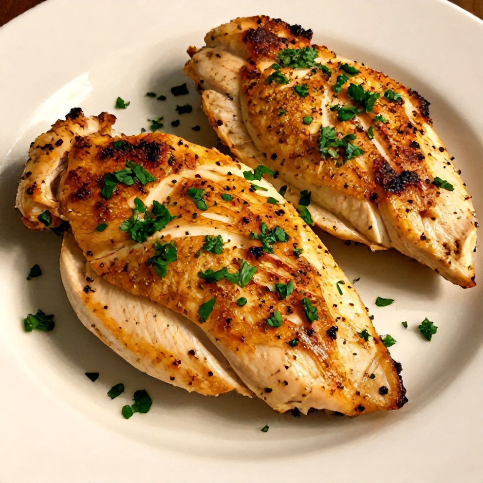 Plated lemon pepper chicken breast with lemon slices