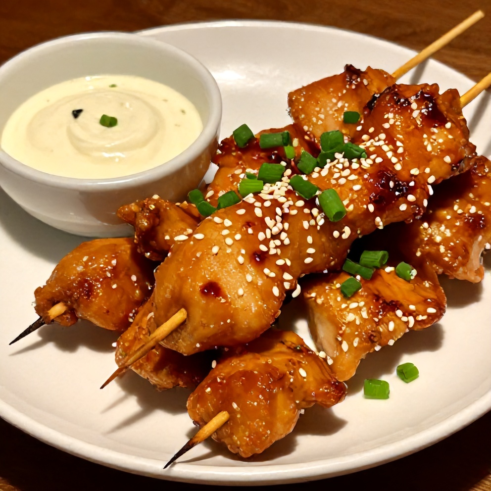 Plated Bang Bang Chicken Skewers with dipping sauce