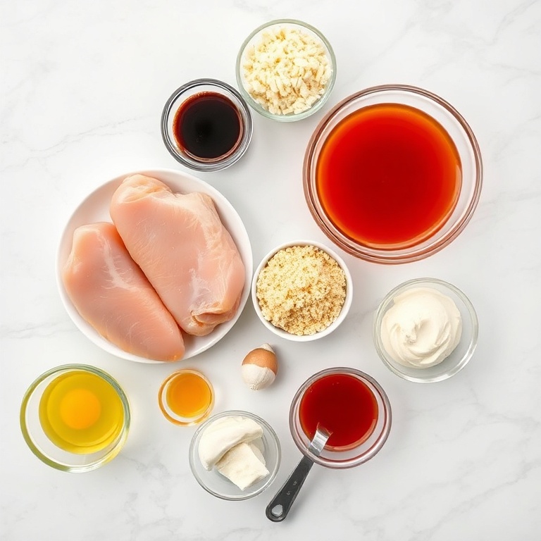 Raw ingredients for Bang Bang Chicken Skewers laid out