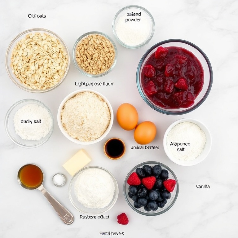 Raw ingredients for Easy Berry Oat Bars with Raspberry Preserves