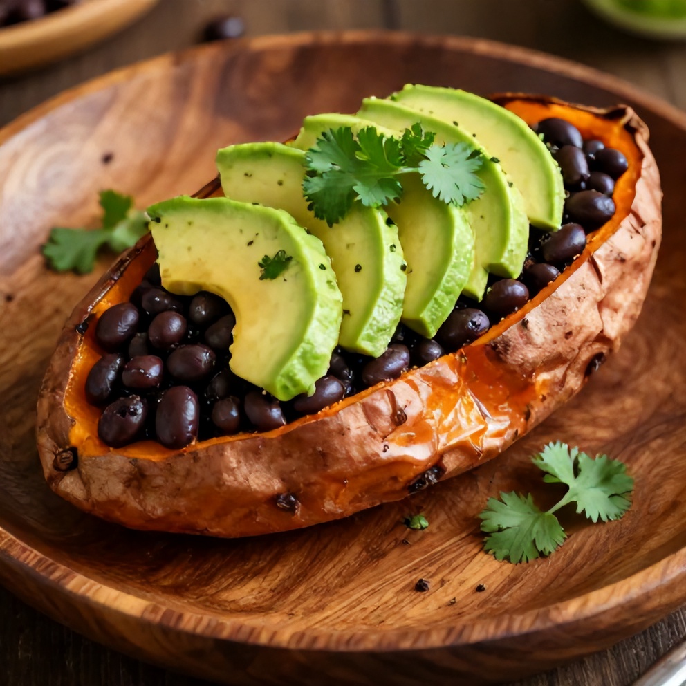 Plated Black Bean Stuffed Sweet Potatoes with avocado and cilantro