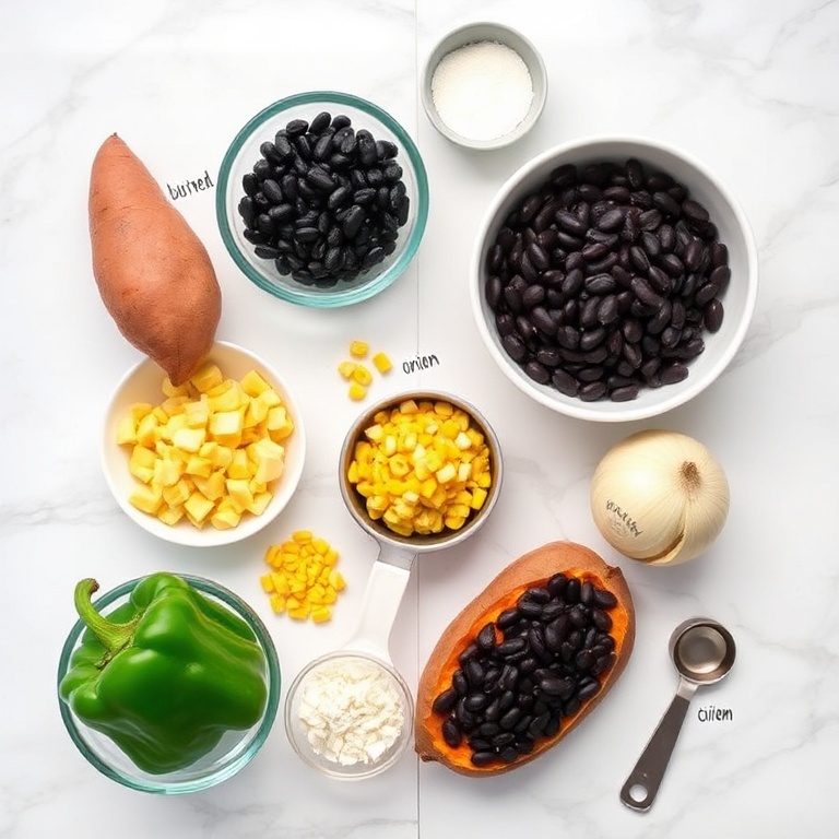 Black beans, sweet potatoes, corn, onion, and bell pepper arranged on a wooden surface