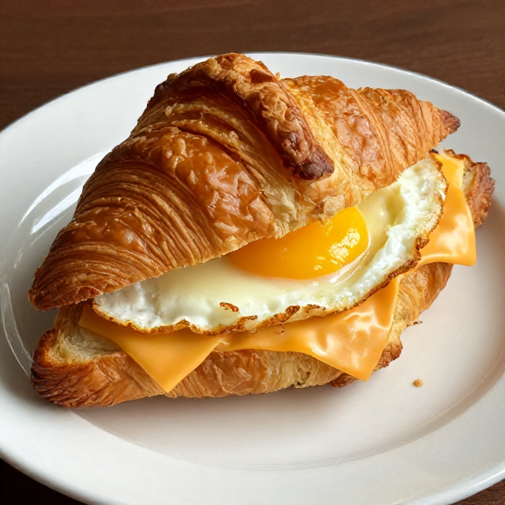 Plated breakfast croissant sandwich