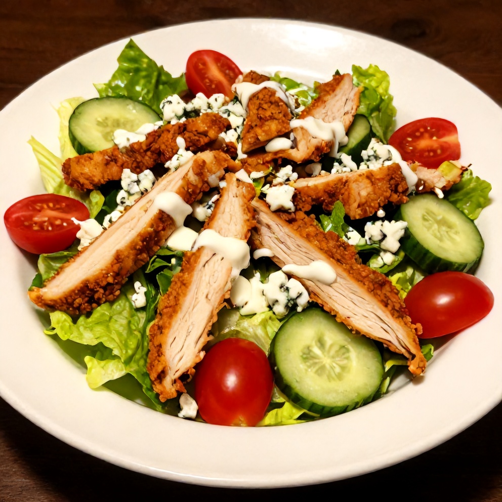 Plated buffalo chicken salad with crispy chicken and blue cheese crumbles