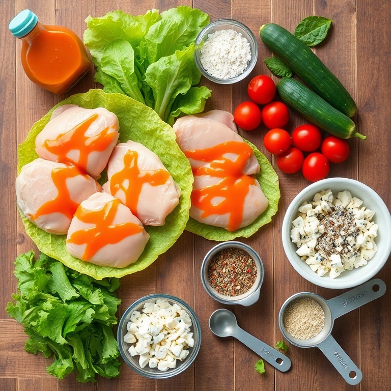 Raw ingredients for buffalo chicken salad on a wooden surface