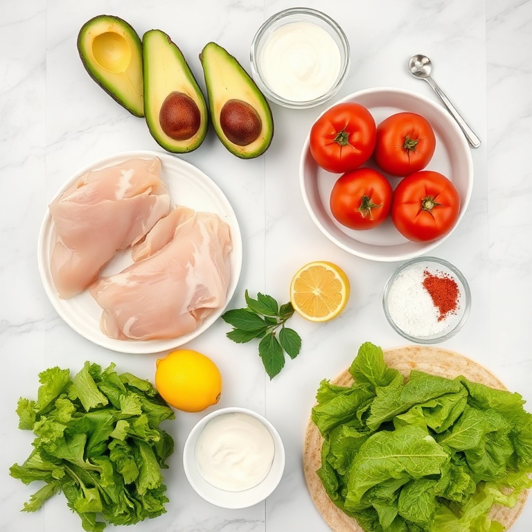 Raw ingredients for Chicken Avocado Wrap on a marble counter