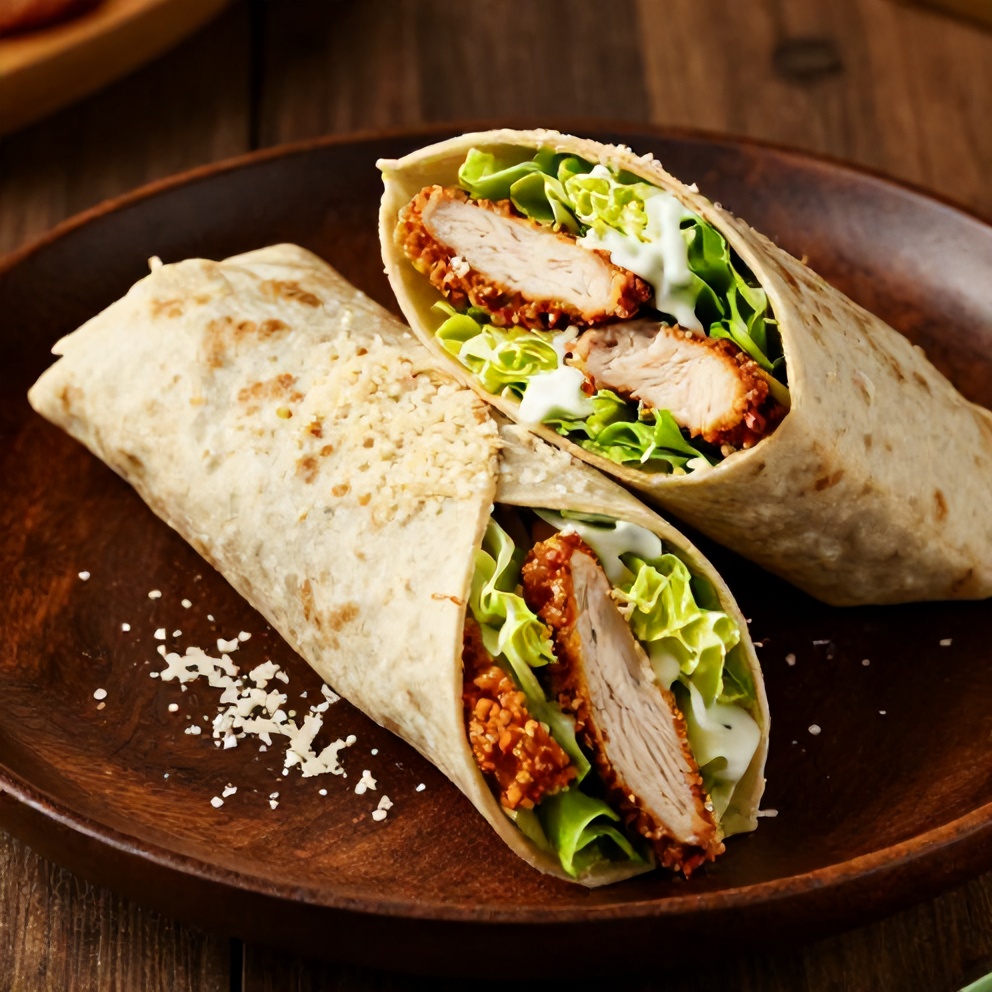 Chicken Caesar Wrap plated with crispy chicken, fresh greens, and creamy Caesar dressing