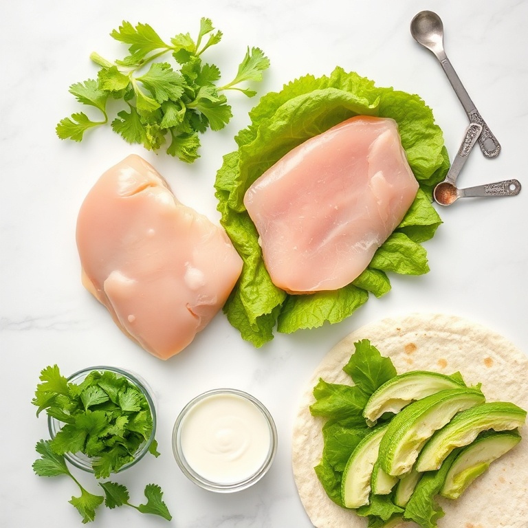 Raw ingredients for Chicken Caesar Wrap: chicken breast, romaine lettuce, Caesar dressing, tortilla wrap