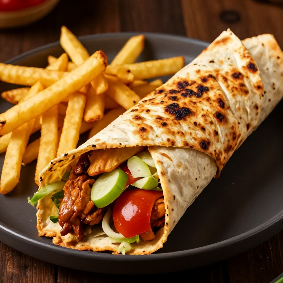 Chicken Shawarma on plate with side of fries
