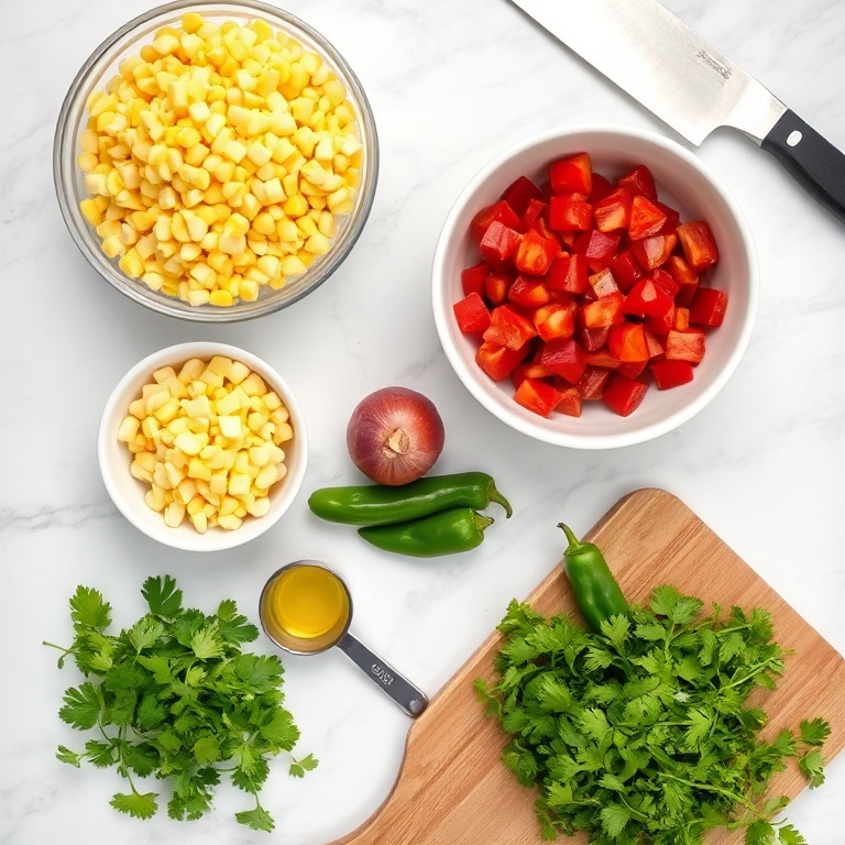 Raw ingredients for Easy Chipotle Corn Salsa arranged on a white marble surface