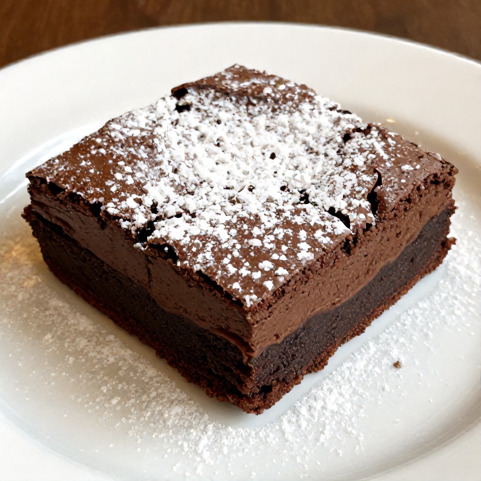 Chocolate Mousse Brownies plated with a dusting of powdered sugar
